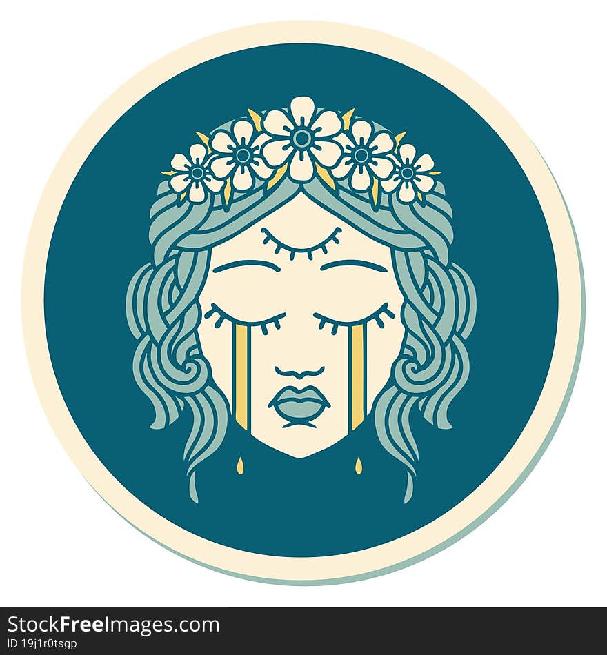 tattoo style sticker of female face crying with third eye