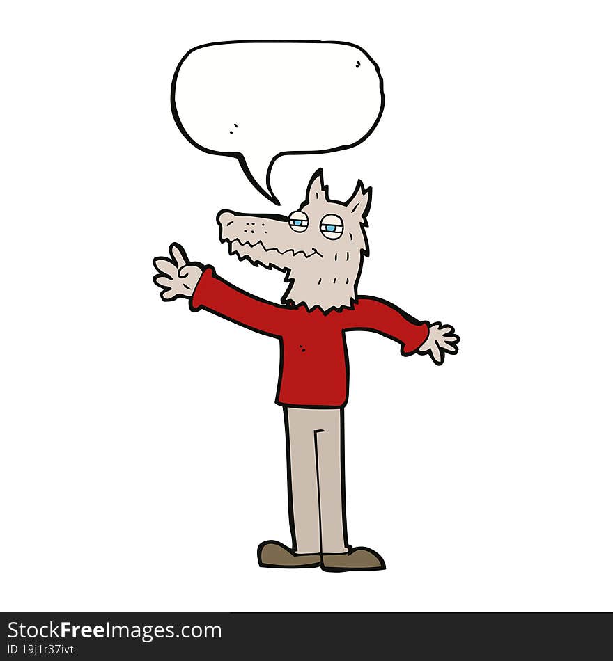 cartoon waving wolf with speech bubble