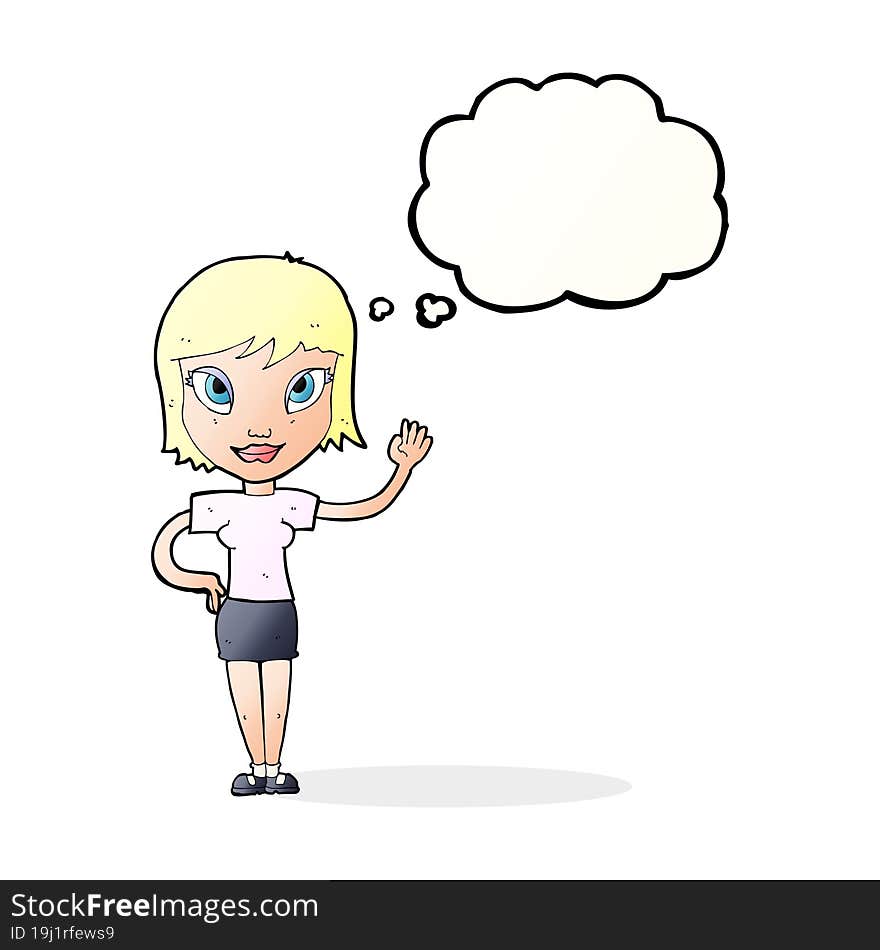 cartoon woman waving with thought bubble