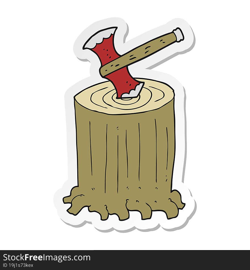 sticker of a cartoon tree stump and axe