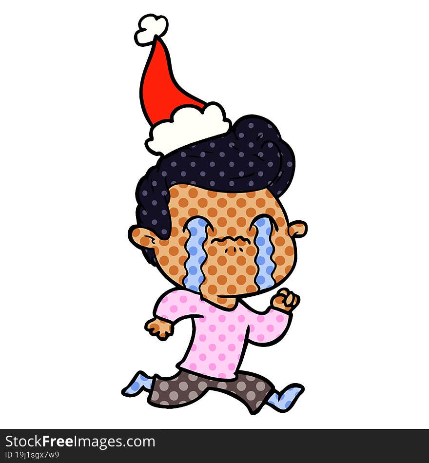 comic book style illustration of a man crying wearing santa hat