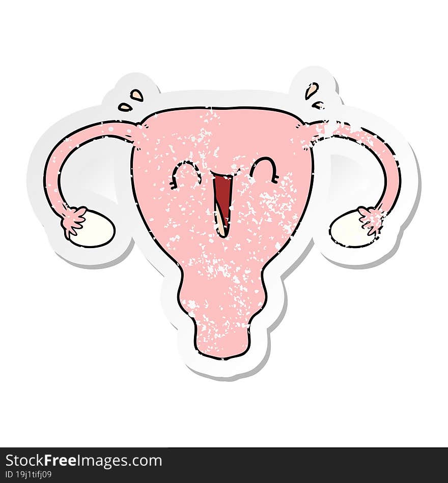 distressed sticker of a cartoon happy uterus