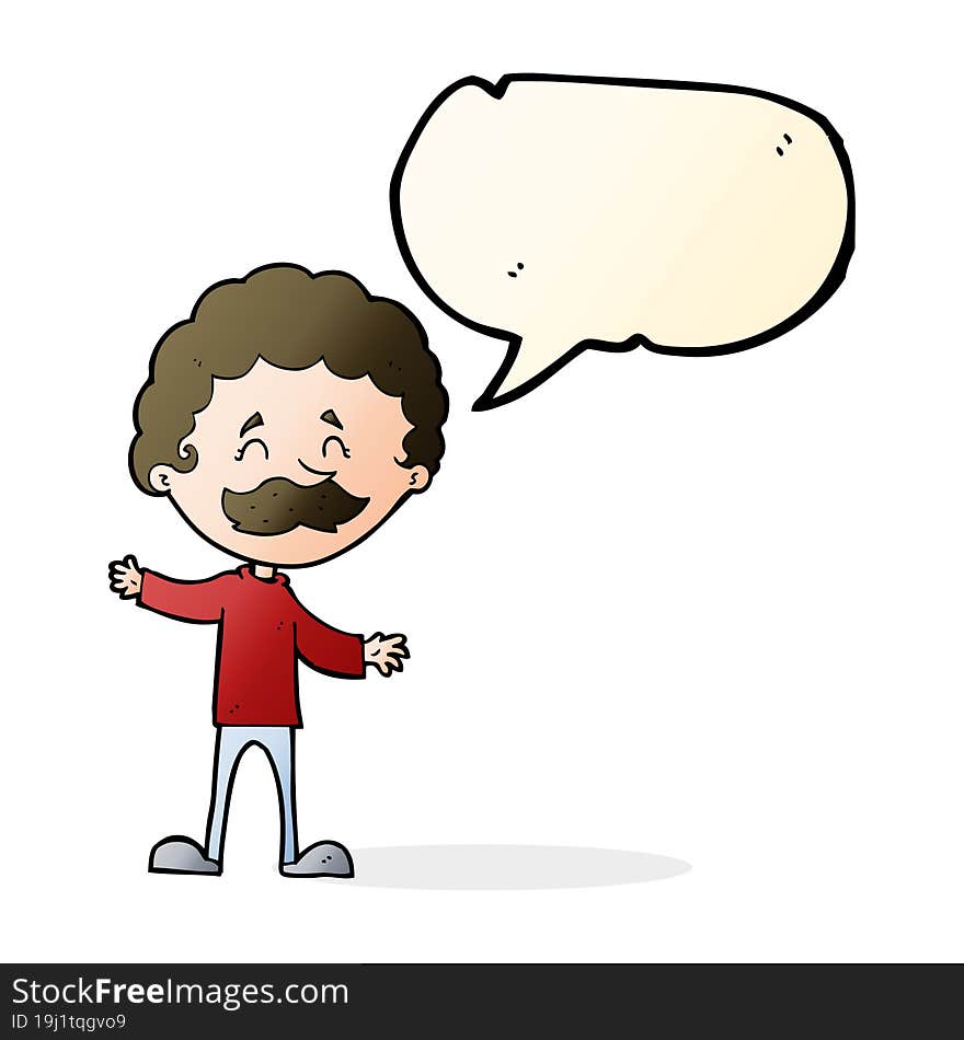 cartoon happy man with mustache with speech bubble