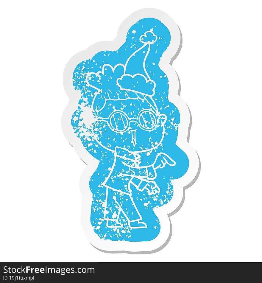 cartoon distressed sticker of a woman wearing spectacles wearing santa hat