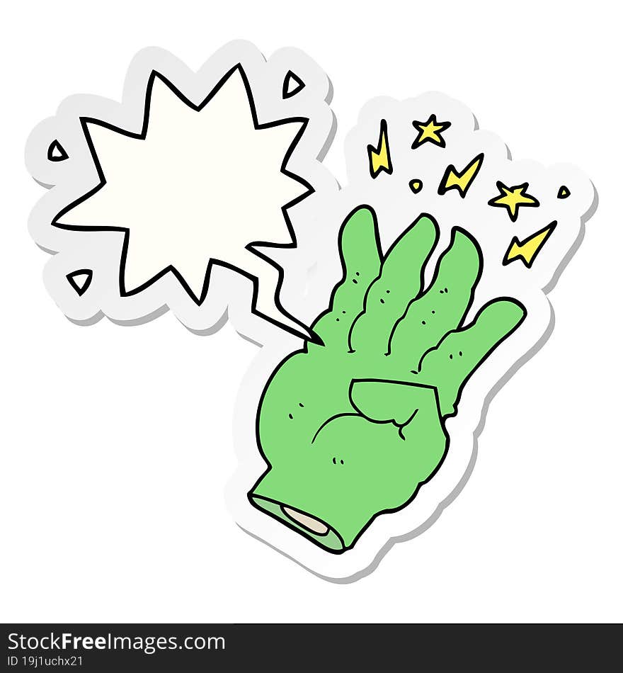 cartoon spooky magic hand with speech bubble sticker