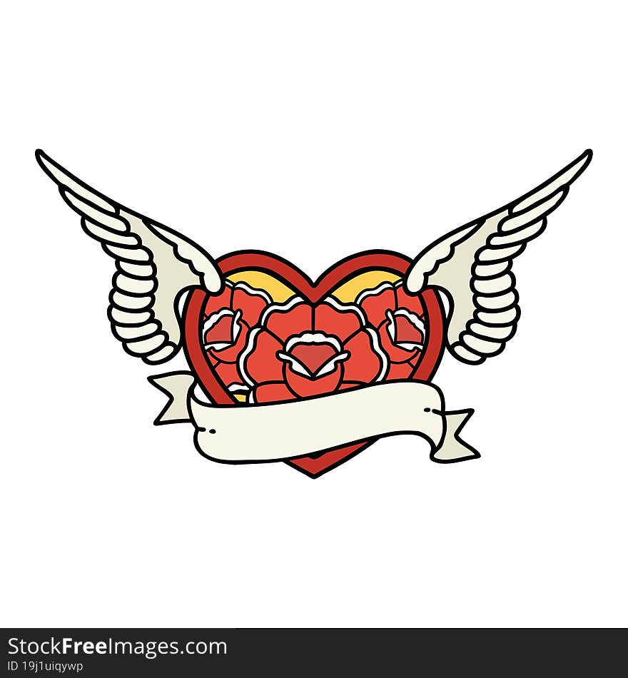 tattoo in traditional style of a flying heart with flowers and banner. tattoo in traditional style of a flying heart with flowers and banner