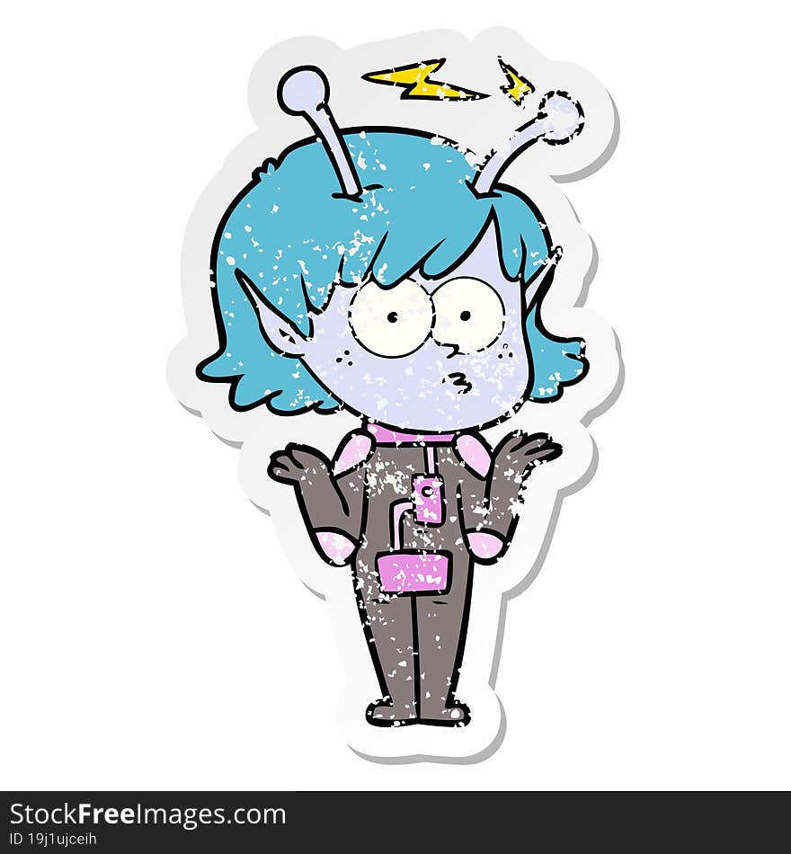 distressed sticker of a cartoon alien girl