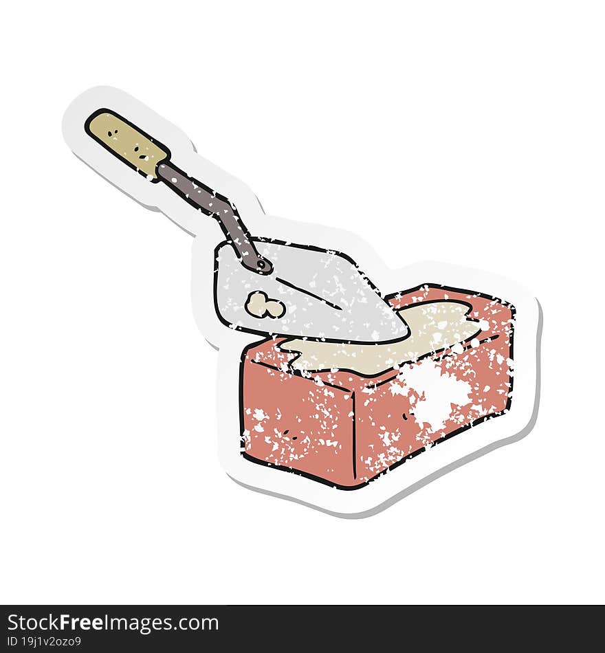 distressed sticker of a cartoon bricklaying