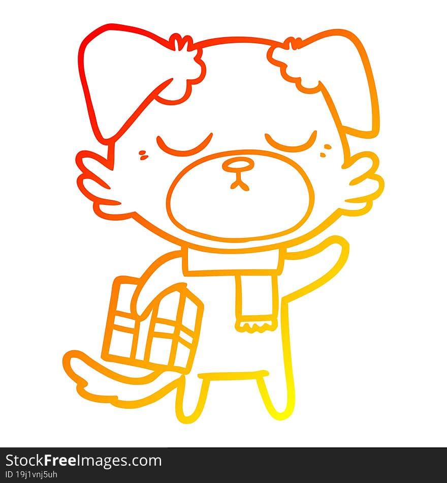 Warm Gradient Line Drawing Cute Cartoon Dog With Christmas Present