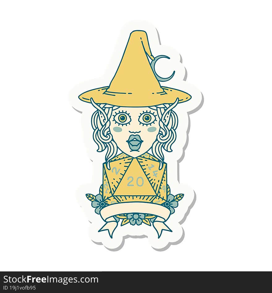 sticker of a elf mage character with natural twenty dice roll. sticker of a elf mage character with natural twenty dice roll