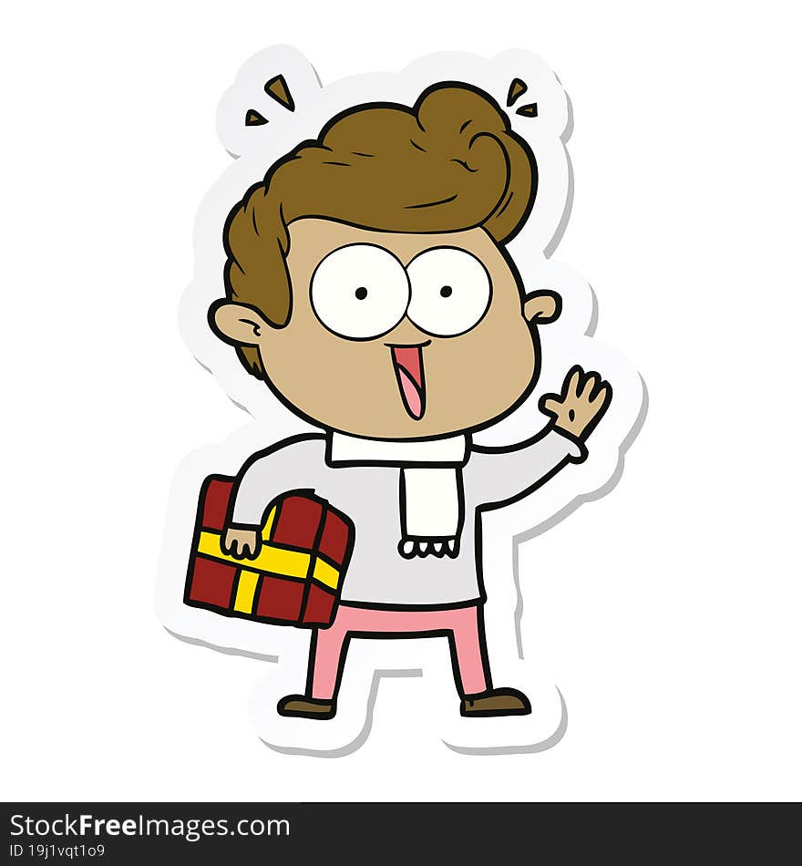 sticker of a cartoon excited man with present