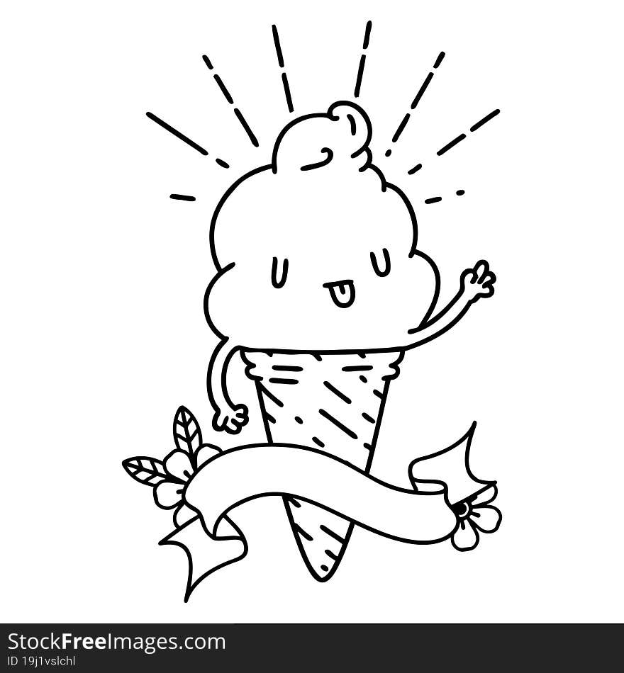 Banner With Black Line Work Tattoo Style Ice Cream Character Waving