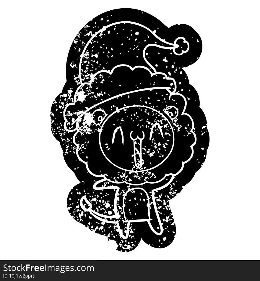 Happy Cartoon Distressed Icon Of A Lion Wearing Santa Hat