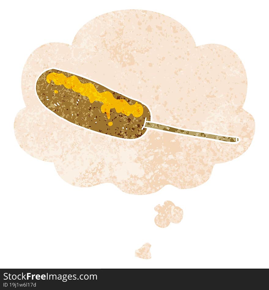 cartoon hotdog on a stick and thought bubble in retro textured style