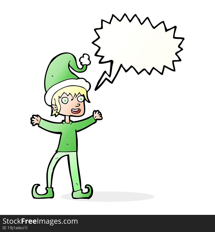 cartoon excited christmas elf with speech bubble