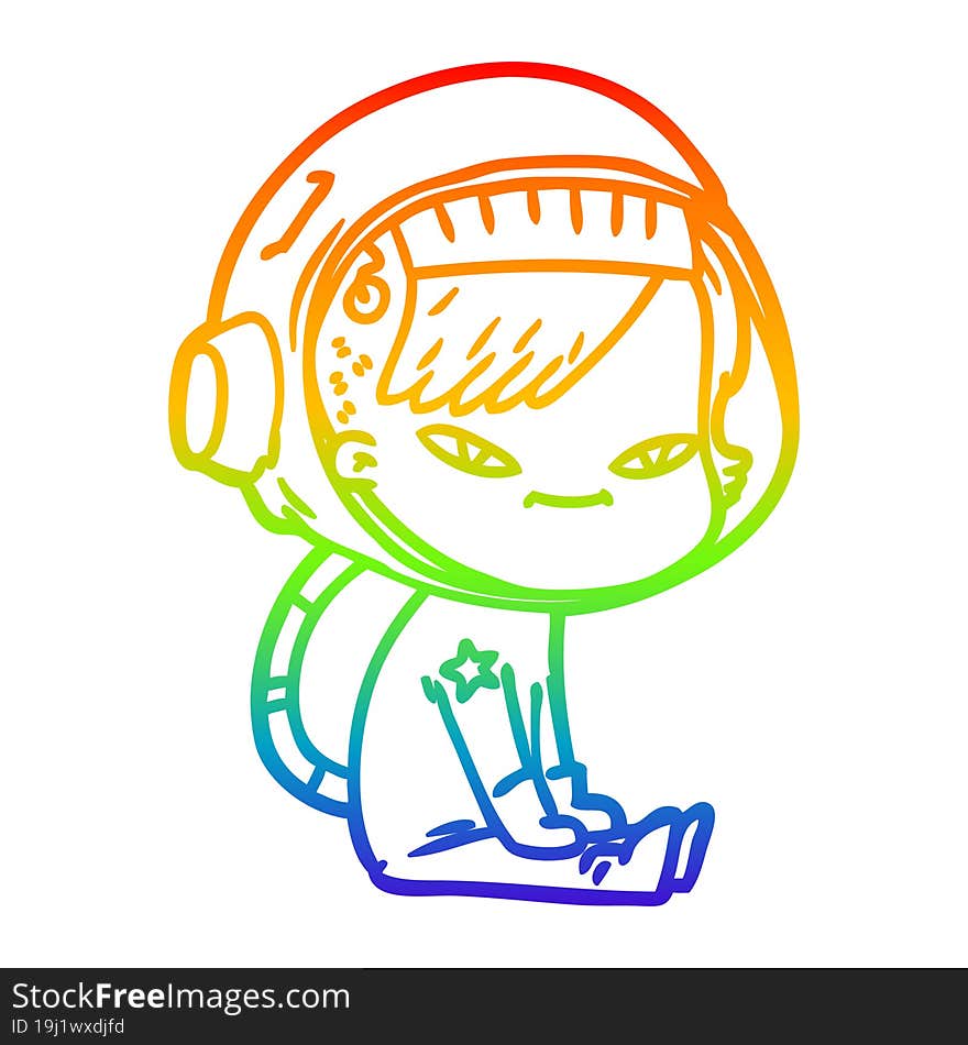 rainbow gradient line drawing of a cartoon astronaut woman