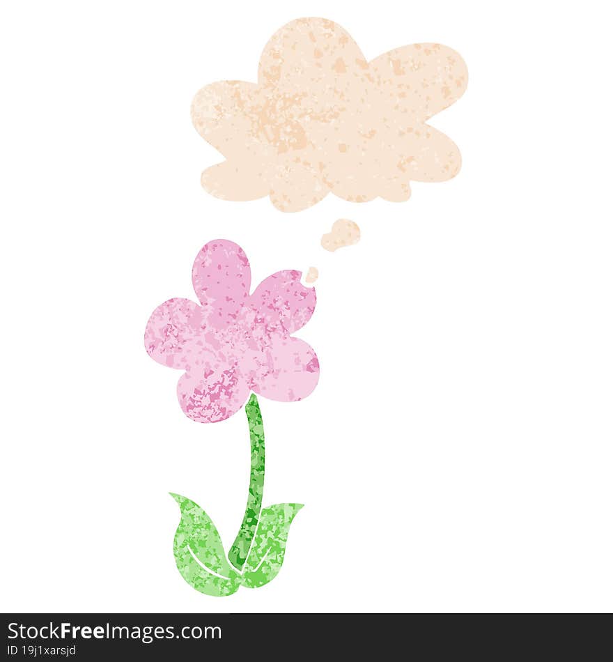 cute cartoon flower and thought bubble in retro textured style