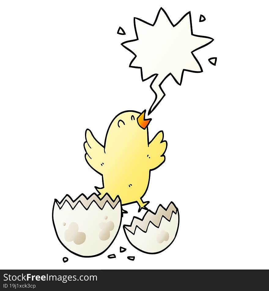 cartoon bird hatching from egg and speech bubble in smooth gradient style