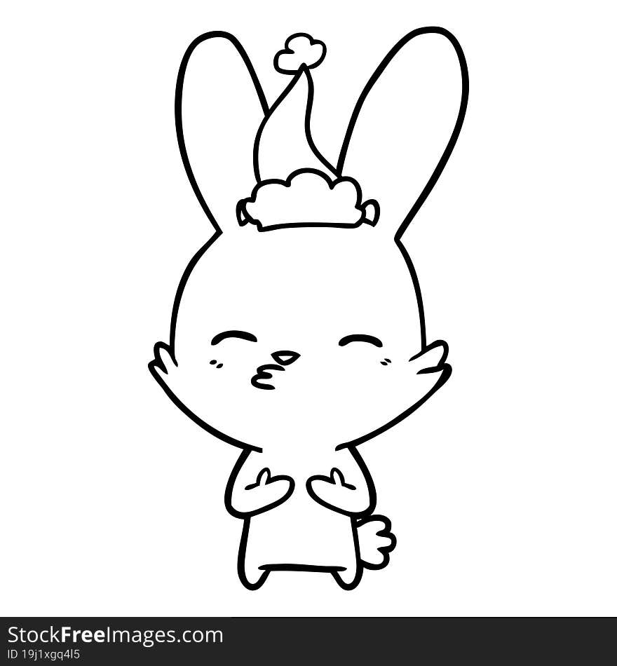 curious bunny line drawing of a wearing santa hat