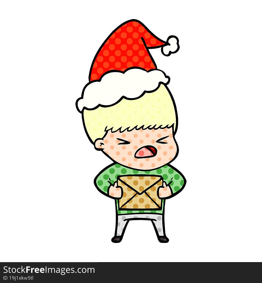 comic book style illustration of a stressed man wearing santa hat