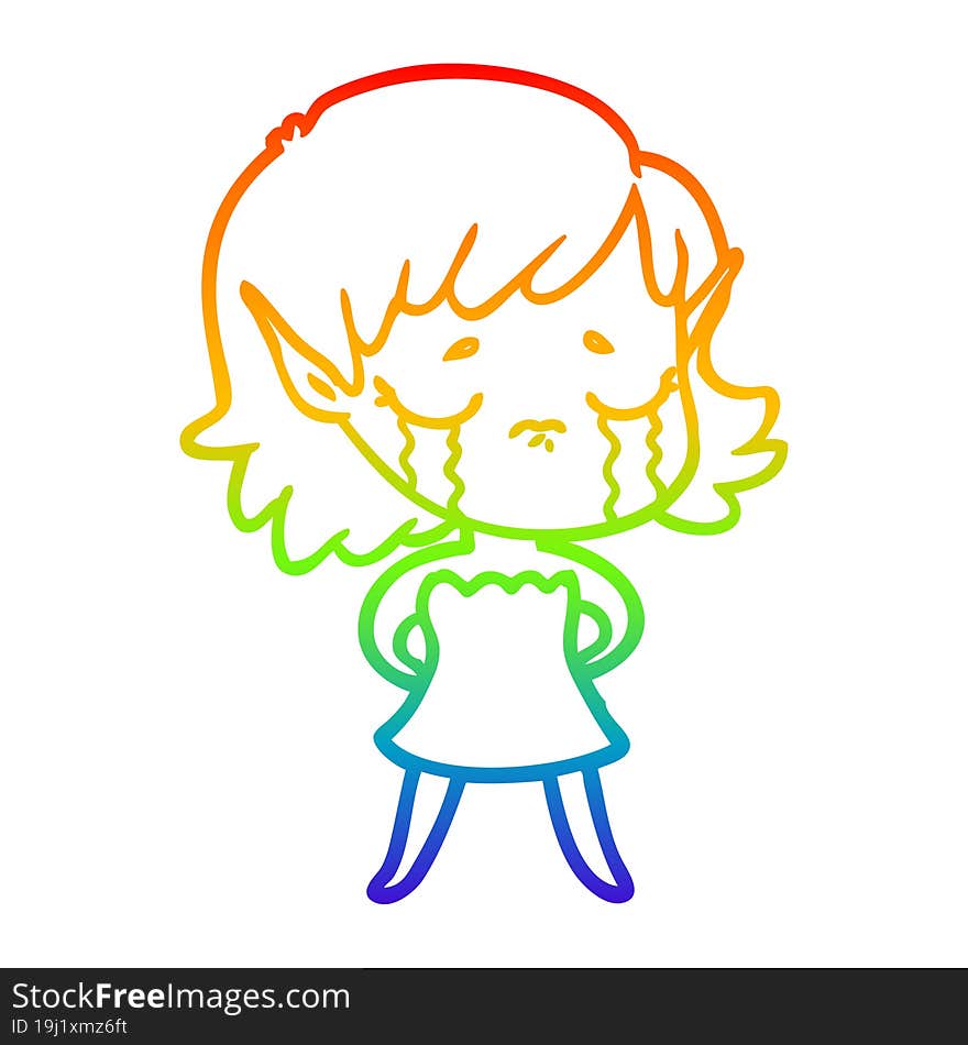 Rainbow Gradient Line Drawing Crying Cartoon Elf Girl