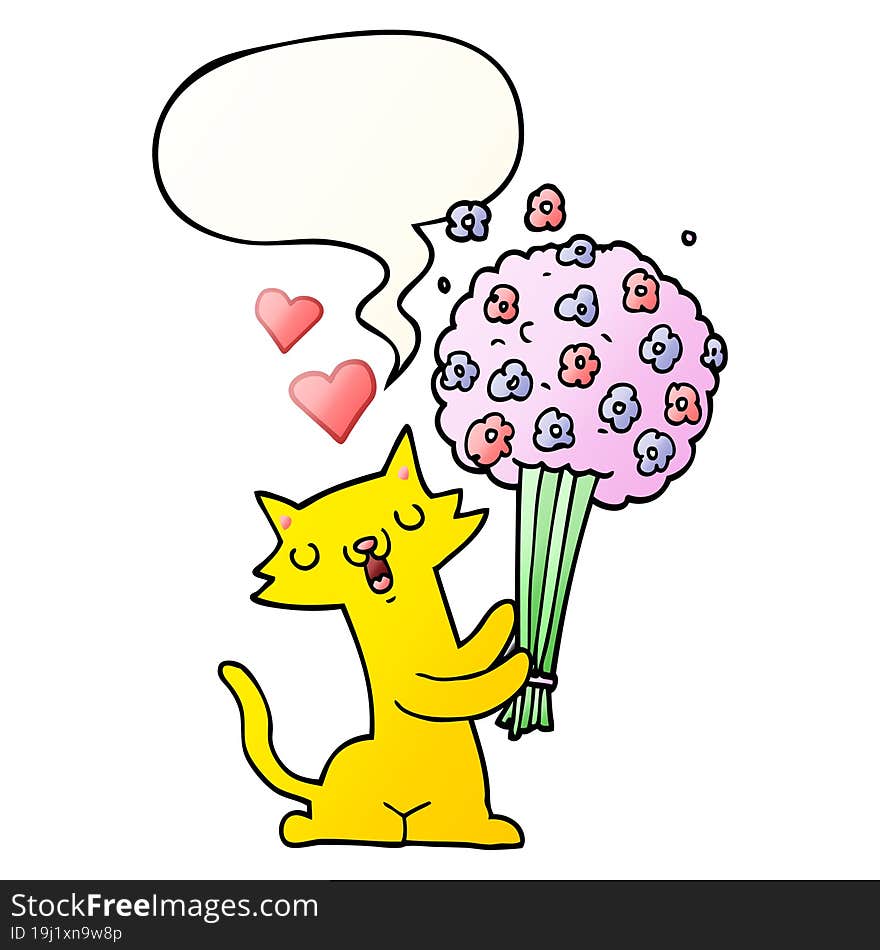 cartoon cat in love and flowers and speech bubble in smooth gradient style