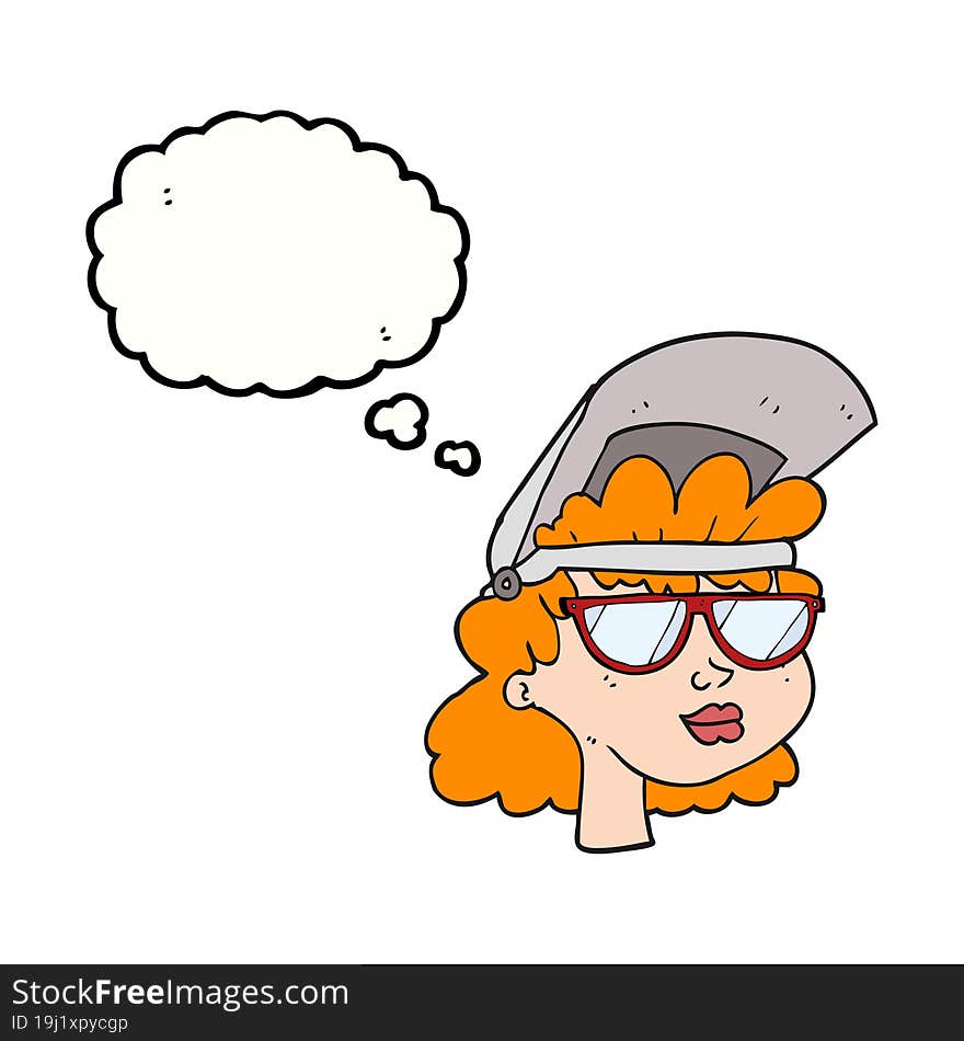 Thought Bubble Cartoon Woman With Welding Mask And Glasses