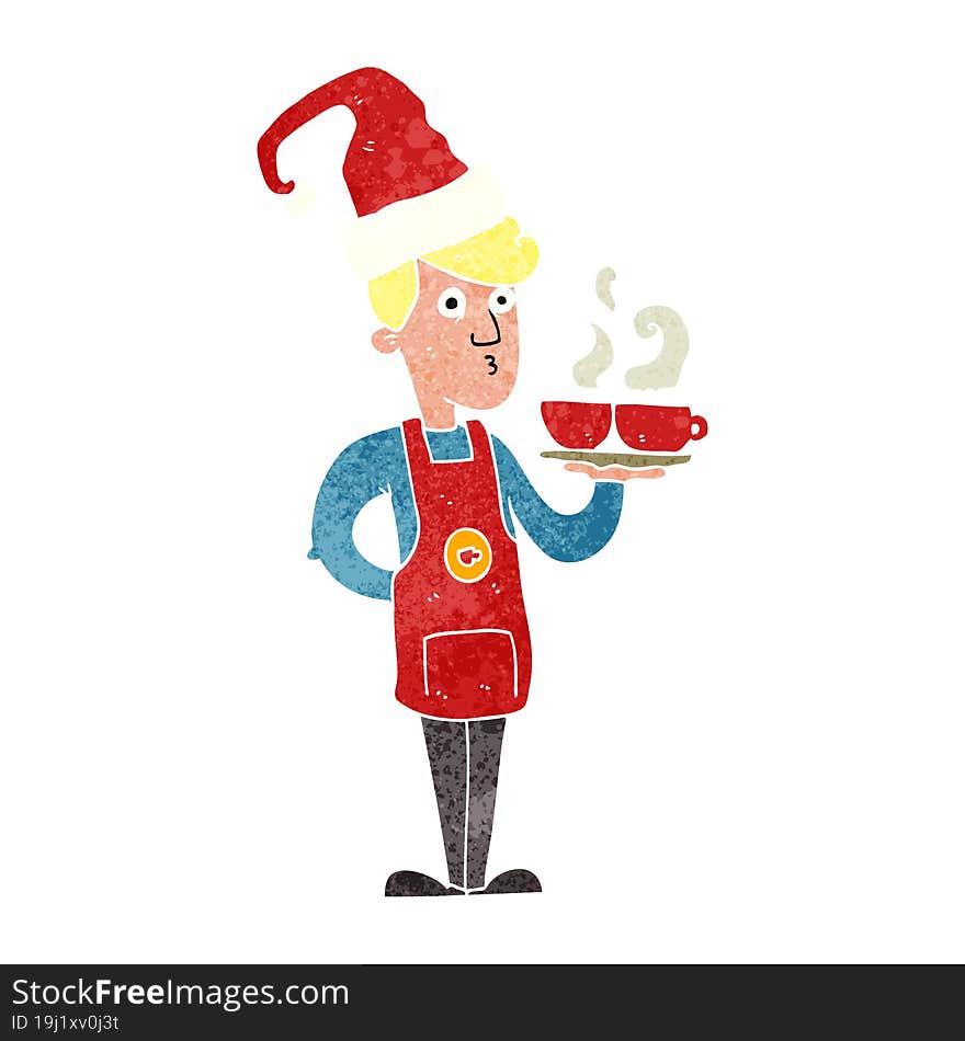 retro cartoon barista serving coffee at christmas