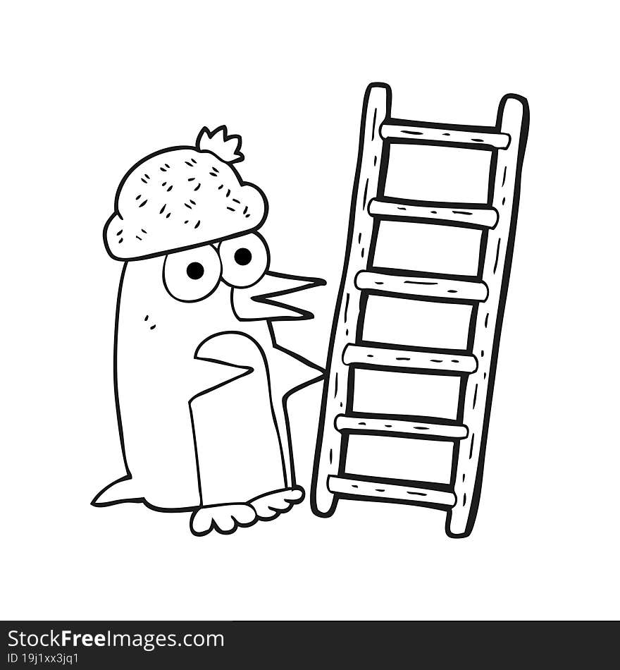 Black And White Cartoon Penguin With Ladder