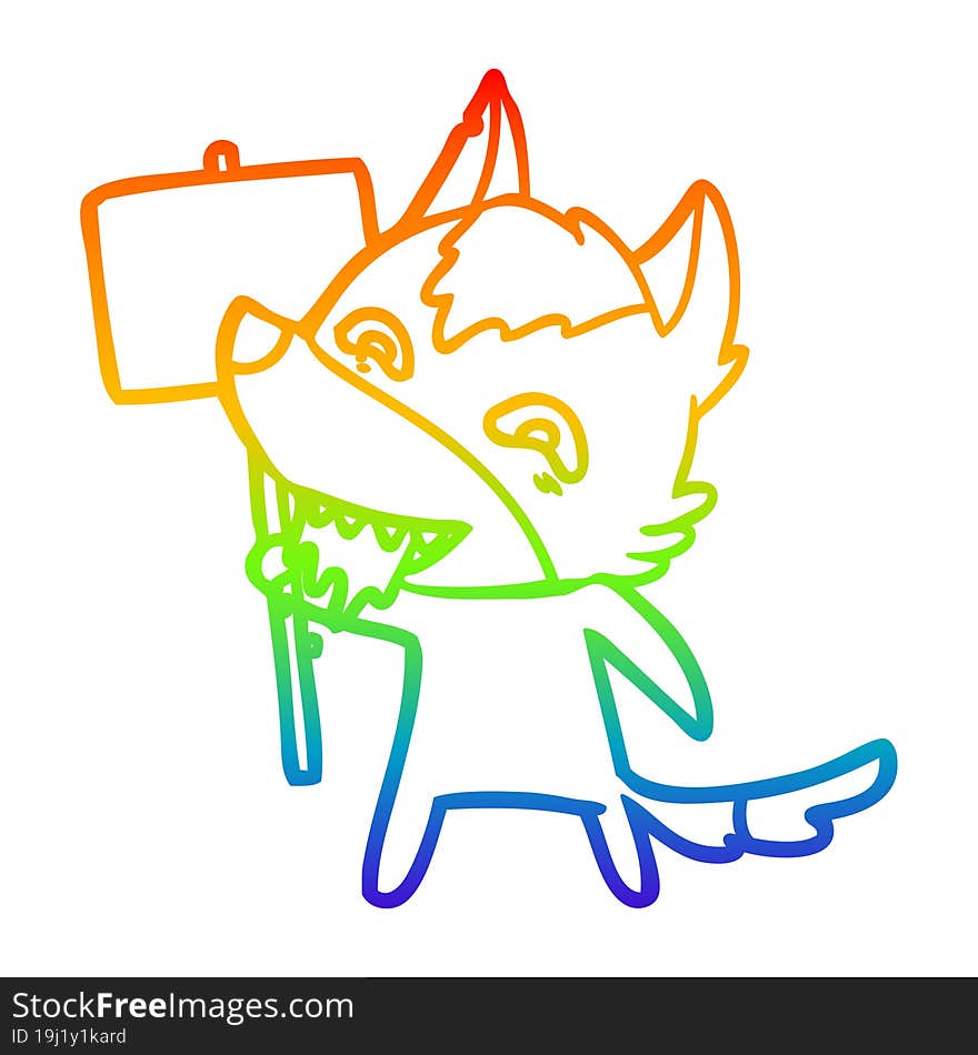 rainbow gradient line drawing cartoon hungry wolf with sign post