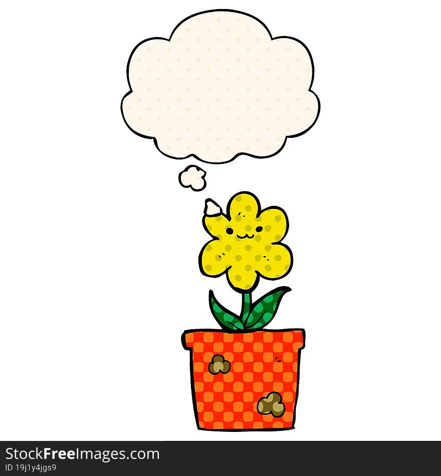 cartoon house plant and thought bubble in comic book style