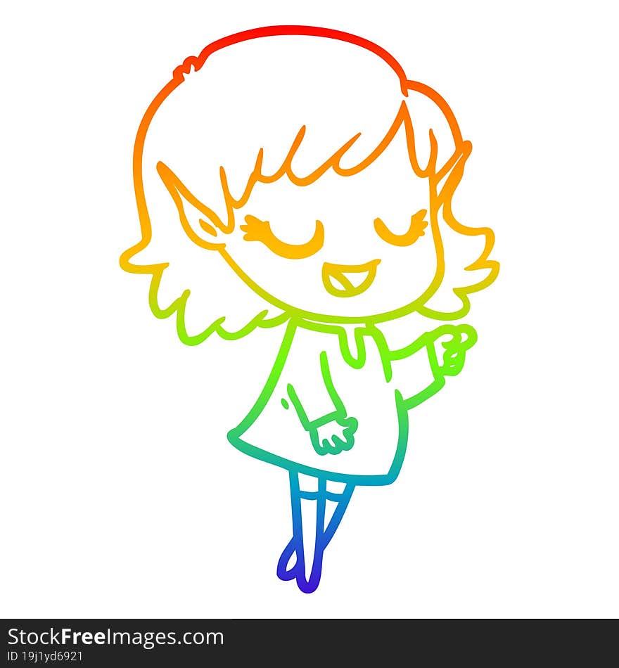 rainbow gradient line drawing happy cartoon elf girl pointing