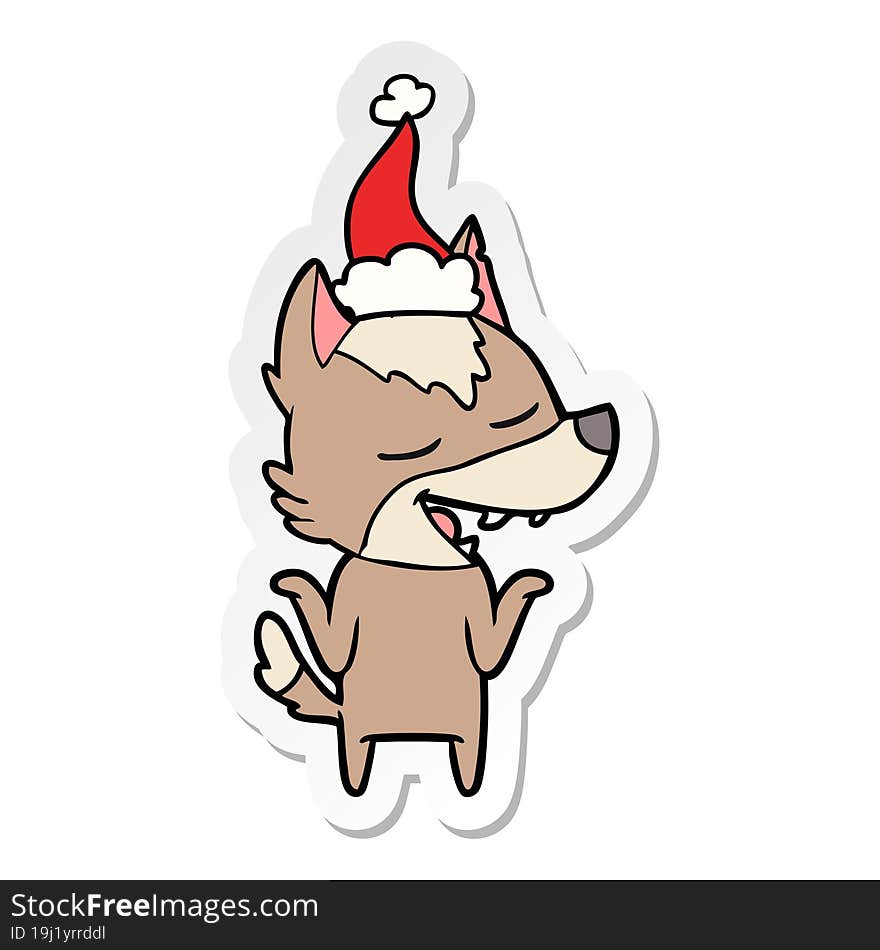 Sticker Cartoon Of A Wolf Laughing Wearing Santa Hat