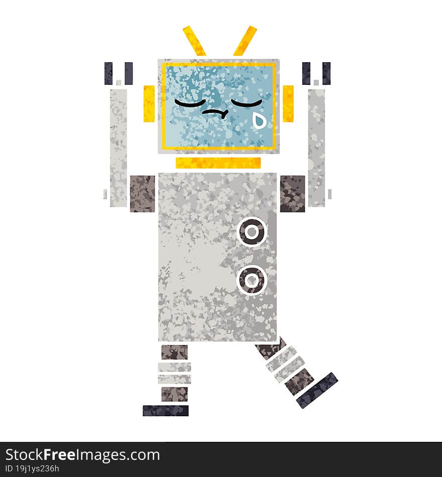 retro illustration style cartoon of a crying robot