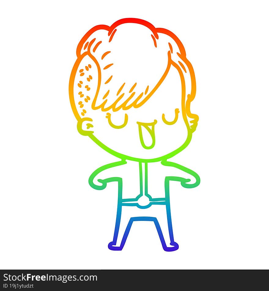 rainbow gradient line drawing of a cute cartoon girl with hipster haircut