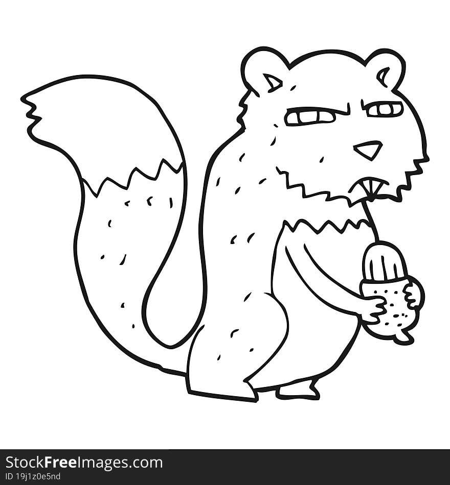 freehand drawn black and white cartoon angry squirrel with nut