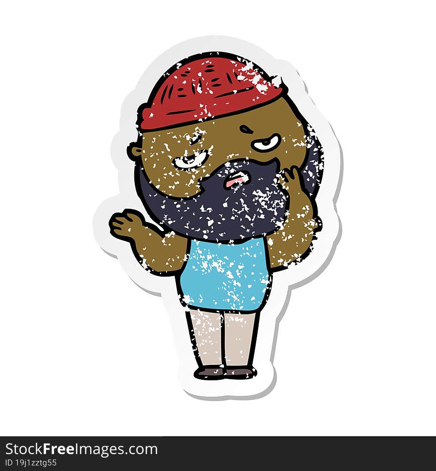 Distressed Sticker Of A Cartoon Worried Man With Beard