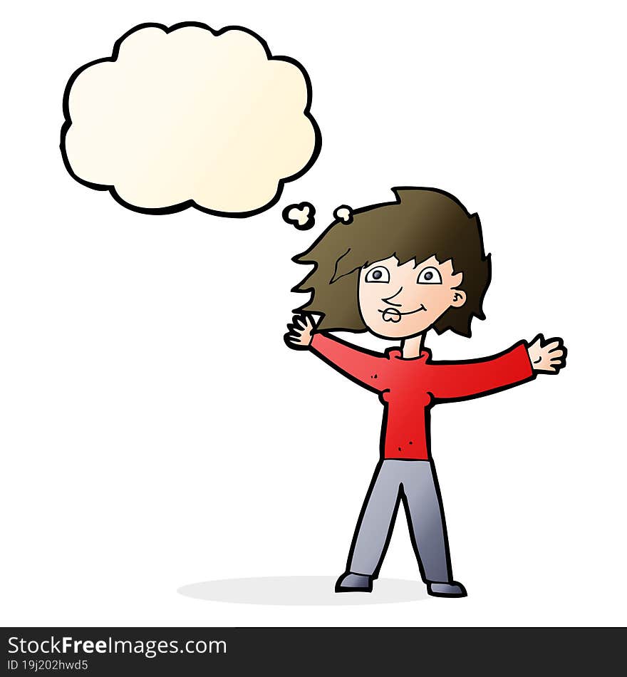 Cartoon Excited Woman Waving With Thought Bubble