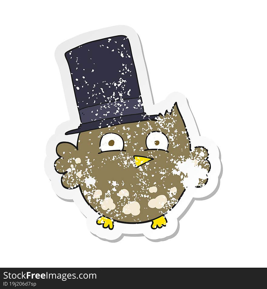 Retro Distressed Sticker Of A Cartoon Little Owl With Top Hat