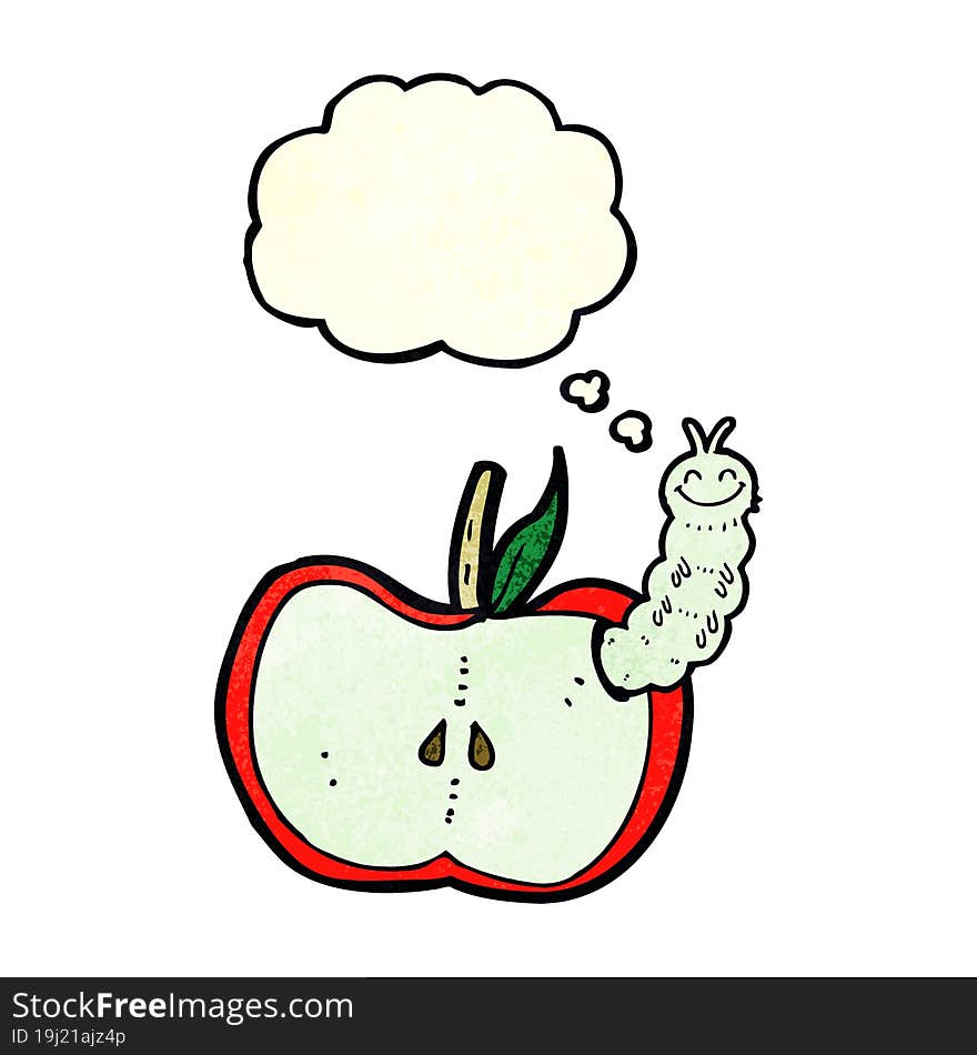 cartoon apple with bug with thought bubble