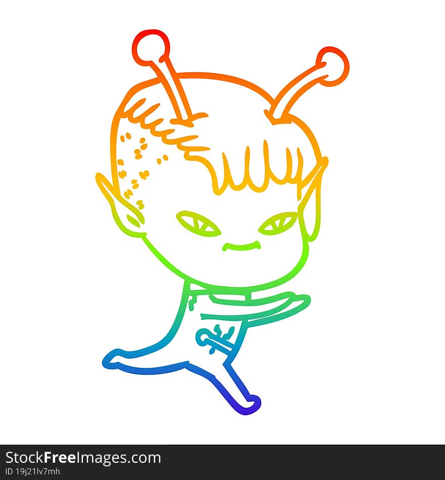 rainbow gradient line drawing of a cute cartoon alien girl