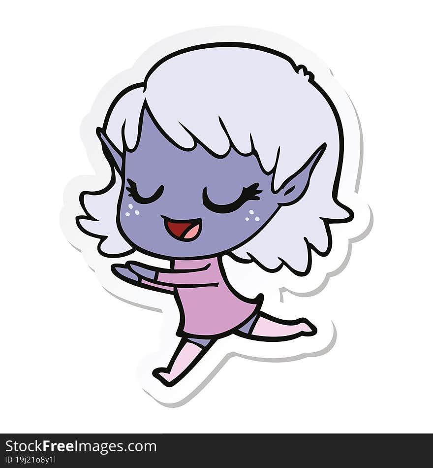 sticker of a happy cartoon elf girl running