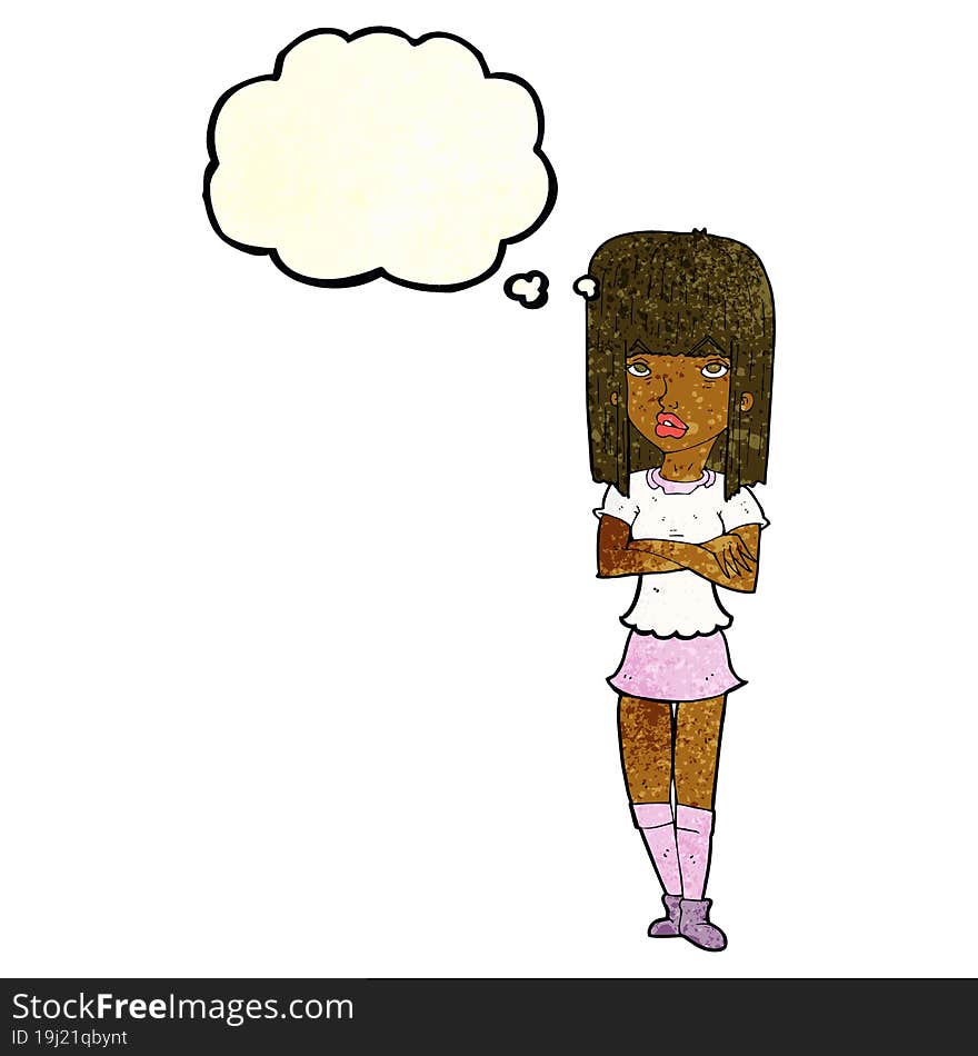 cartoon girl with crossed arms with thought bubble