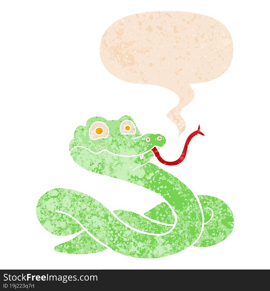 cartoon snake and speech bubble in retro textured style