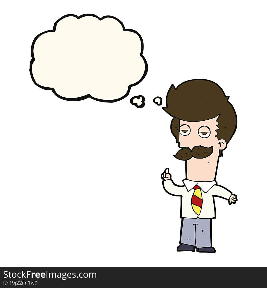 cartoon man with mustache explaining with thought bubble