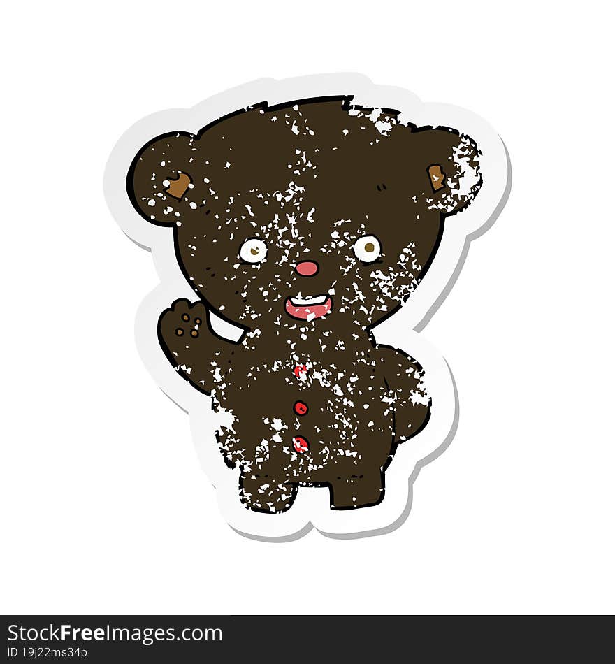 retro distressed sticker of a cartoon waving black bear cub