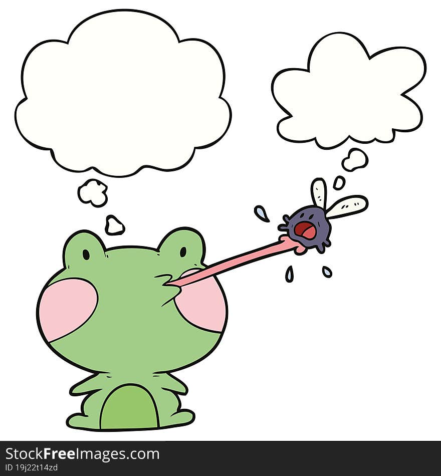 cartoon frog catching fly and thought bubble