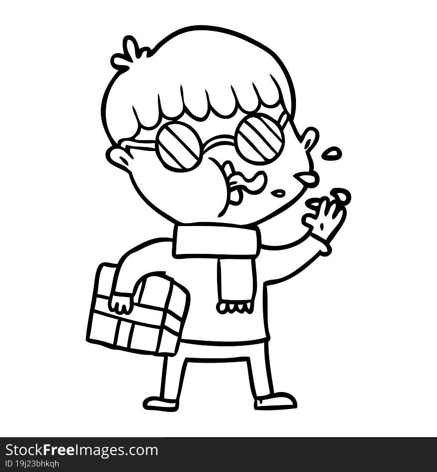 cartoon boy wearing spectacles with christmas gift. cartoon boy wearing spectacles with christmas gift