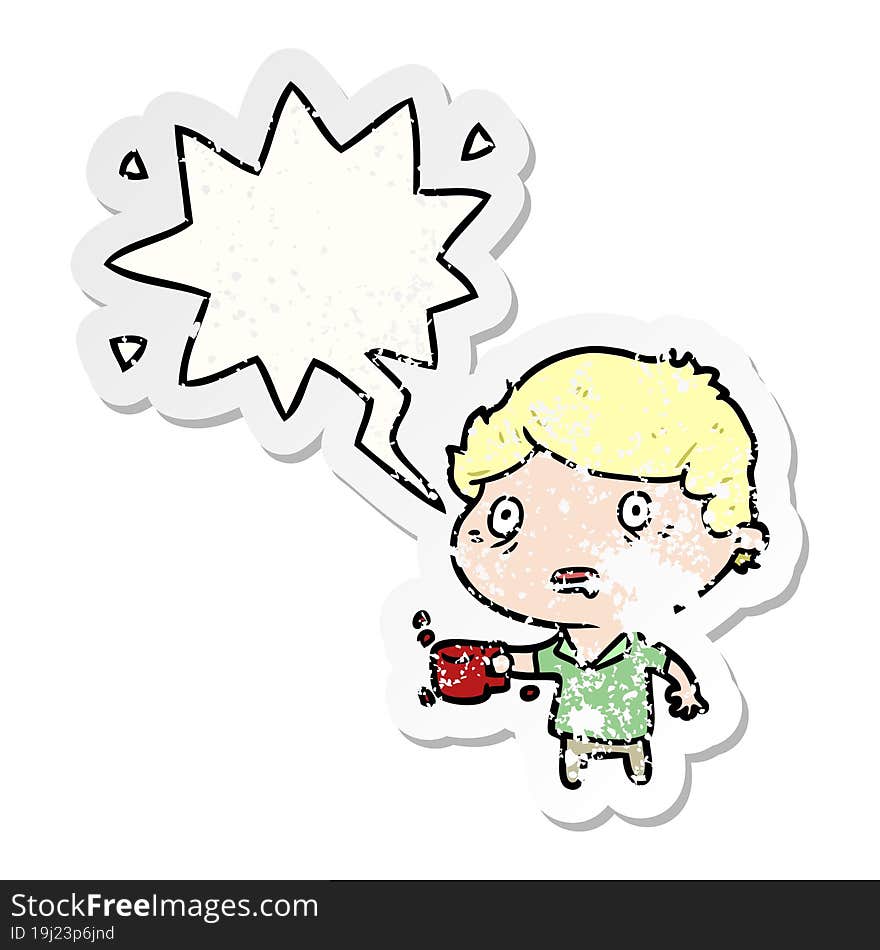 Cartoon Man Jittery From Drinking Too Much Coffee And Speech Bubble Distressed Sticker