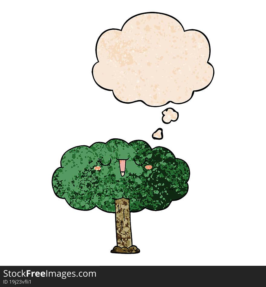 Cartoon Tree And Thought Bubble In Grunge Texture Pattern Style